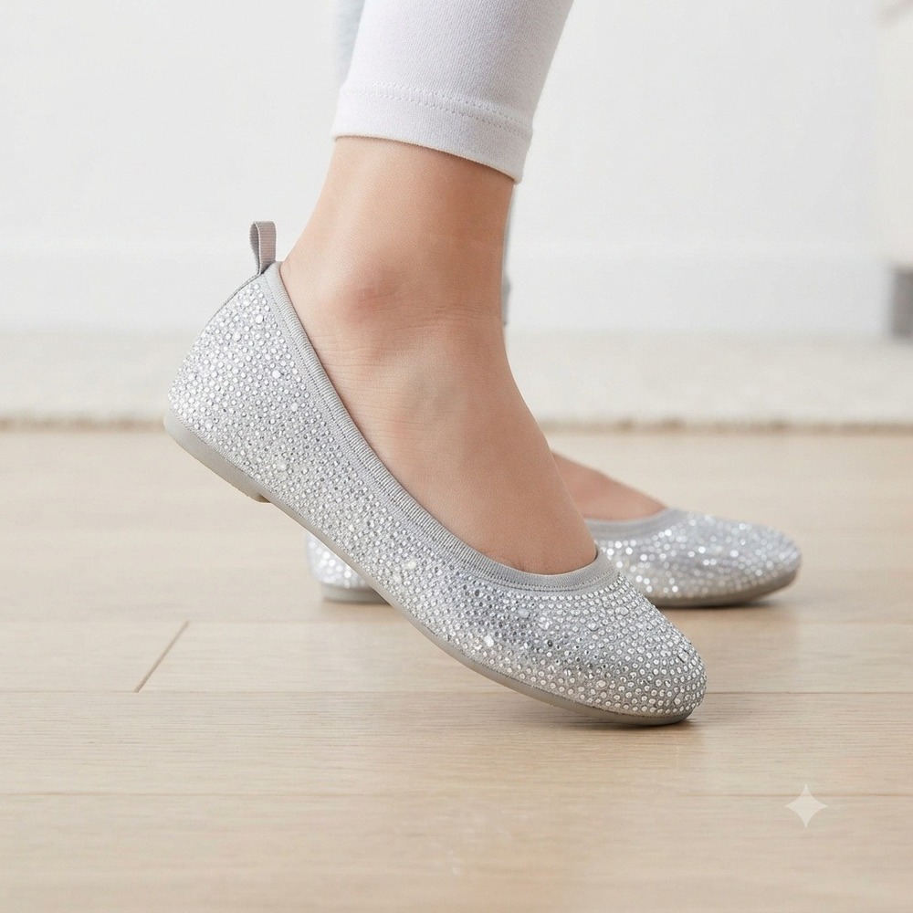 Cat & Jack Girls Silver Rhinestone Ballet Flats Size 5 Dress Shoes Sparkly